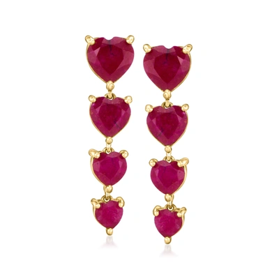 Ross-simons Ruby Heart Linear Drop Earrings In 18kt Gold Over Sterling In Red