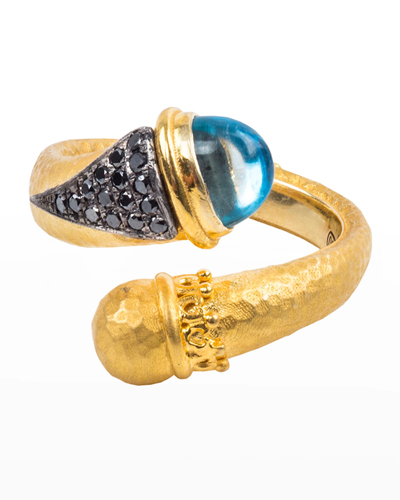 Shop Konstantino 18k Swiss Blue Topaz Bypass Ring W/ Black Diamonds In 15 Blue