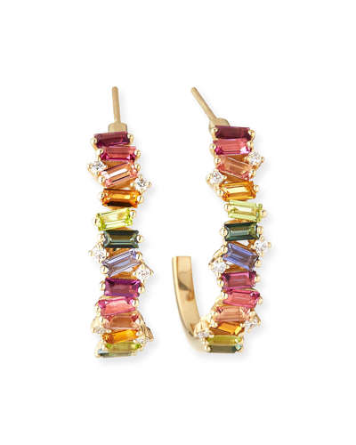 Shop Kalan By Suzanne Kalan 14k Yellow Gold Rainbow Half-hoop Earrings W/ Diamonds In 60 Multi-colored