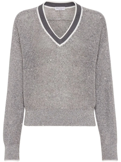 Shop Brunello Cucinelli Linen V-necked Sweater In Grey