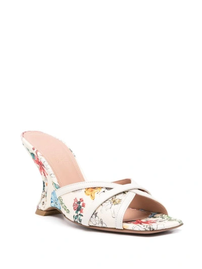 Shop Malone Souliers Perla Wedge 85 Printed Canvas Mules In Beige
