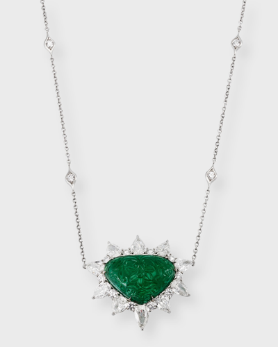 Shop Bayco Platinum Hand-carved Emerald And Diamond Pendant Necklace In 10 White Gold
