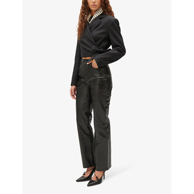 Shop Claudie Pierlot Women's Noir / Gris Straight-leg High-rise Leather Trousers