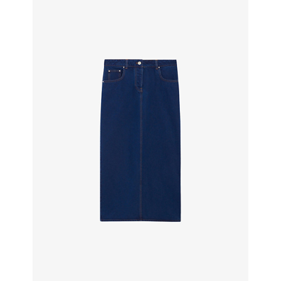 Shop Claudie Pierlot Women's Bleus Straight-fit Mid-rise Denim Midi Skirt