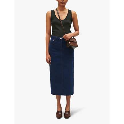 Shop Claudie Pierlot Womens Bleus Straight-fit Mid-rise Denim Midi Skirt