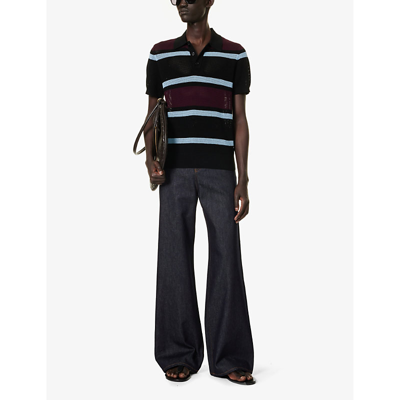 Shop Dries Van Noten Open-mesh Striped Knitted Polo In Black