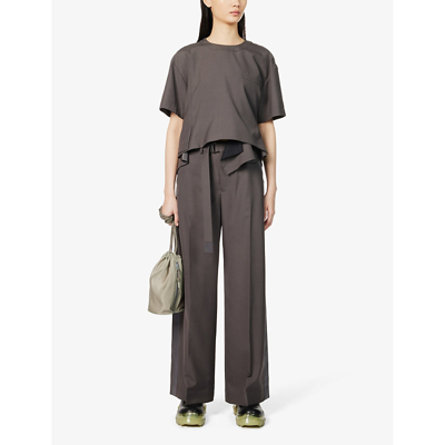 Shop Sacai Womens Taupe Satin-stripe Belted Straight-leg High-rise Woven-blend Trousers