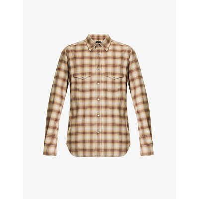 Shop Tom Ford Men's Combo Brown Western Check-pattern Slim-fit Cotton-blend Shirt
