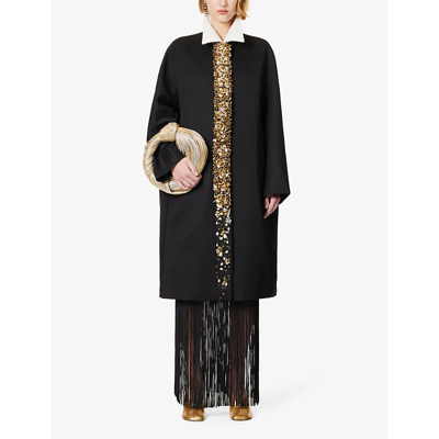 Shop Dries Van Noten Womens Black Bead-embellished Collared Wool-blend Coat