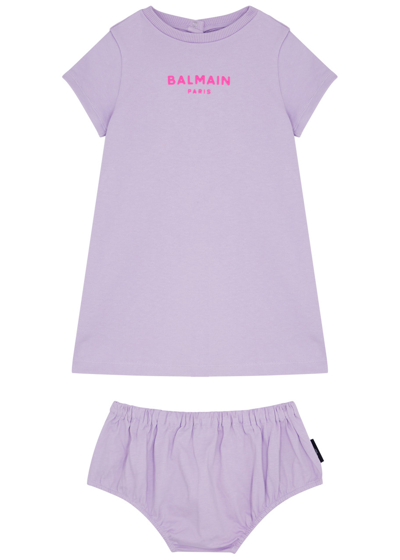 Shop Balmain Kids Logo Cotton Dress And Bloomers Set (12-36 Months) In Purple