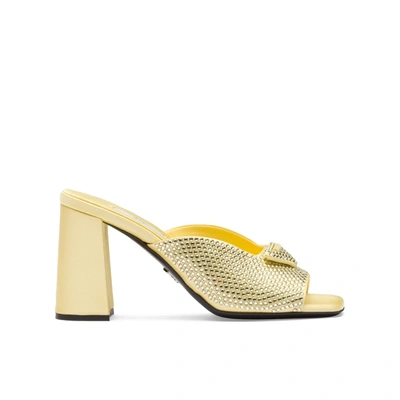 Shop Prada Satin Crystal Sandals In Yellow