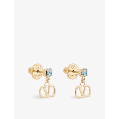 Shop Valentino Garavani Womens Oro 18/acquamarina Logo-engraved Brass And Cubic Zirconia Earrings