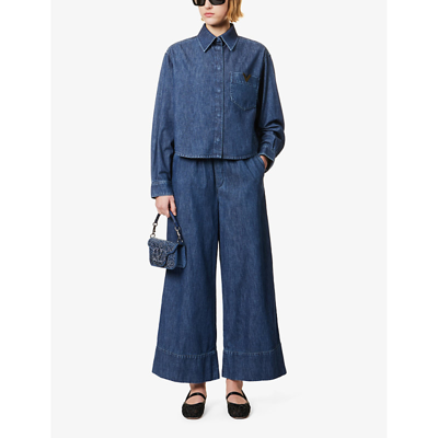 Shop Valentino Garavani Womens Medium Blue Denim Vlogo-embellished Long-sleeve Denim Shirt