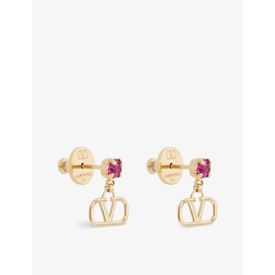 Shop Valentino Garavani Womens Oro 18/fucsia Logo-charm Brass Drop Earrings