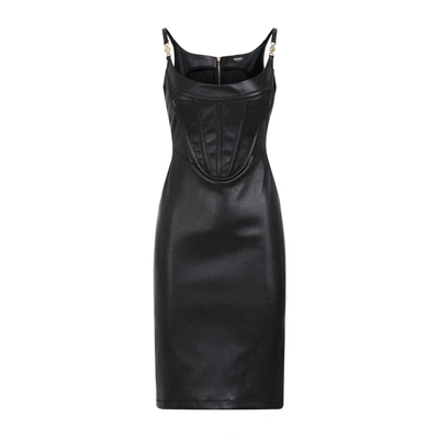 Shop Versace Leather Plonge Dress In Black