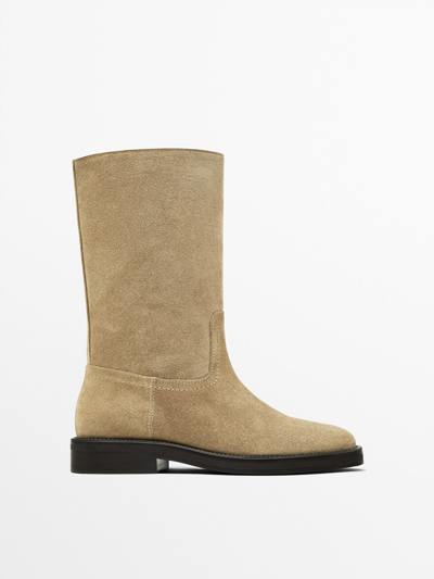 Shop Massimo Dutti Flat Split Suede Ankle Boots In Sand Brown