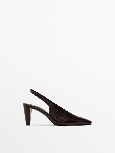 Shop Massimo Dutti Leather Round Toe Slingback Shoes In Brown