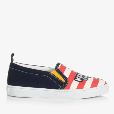 Shop Kenzo Kids Teen Navy Blue Striped Canvas Trainers