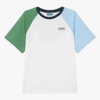Shop Kenzo Kids Teen Boys White Cotton Colourblock T-shirt