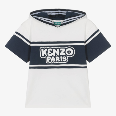 Shop Kenzo Kids Teen Boys White & Blue Hooded T-shirt