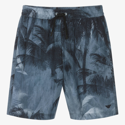 Shop Emporio Armani Teen Boys Blue Palm Tree Print Shorts