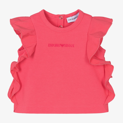 Shop Emporio Armani Girls Pink Cotton Ruffle T-shirt