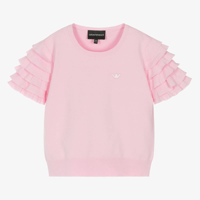 Shop Emporio Armani Teen Girls Pink Knit Ruffle Sleeve T-shirt