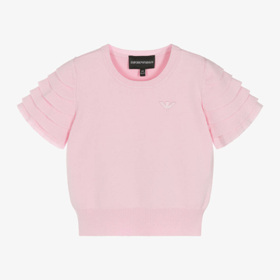 Shop Emporio Armani Girls Pink Ruffle Sleeve Knitted T-shirt