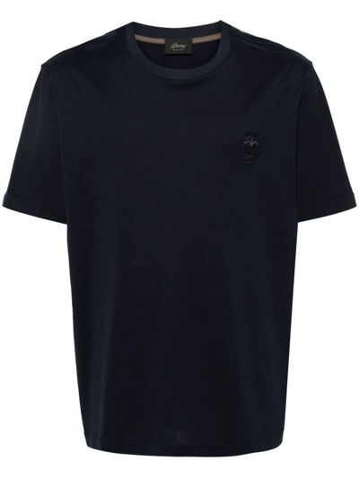 Shop Brioni Blue Logo Embroidered Cotton T-shirt