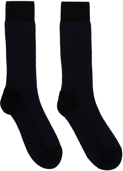 Shop Ferragamo Black & Navy Medium Gancini Socks In Black/navy
