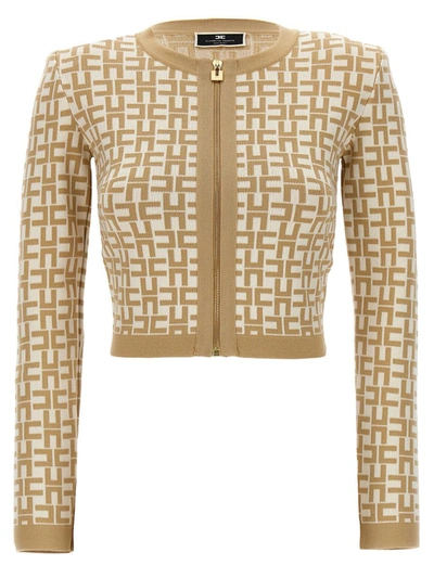 Shop Elisabetta Franchi Jacquard Logo Cardigan In Beige