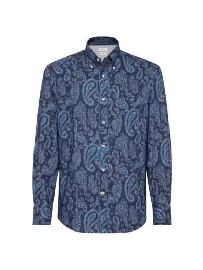Shop Brunello Cucinelli Men's Paisley Slim Fit Shirt With Button Down Collar In Cobalt