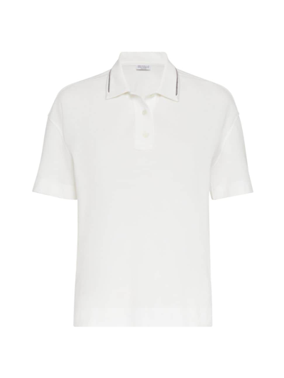 Shop Brunello Cucinelli Women's Cotton Piqué Polo Shirt With Shiny Collar Trim In Off White