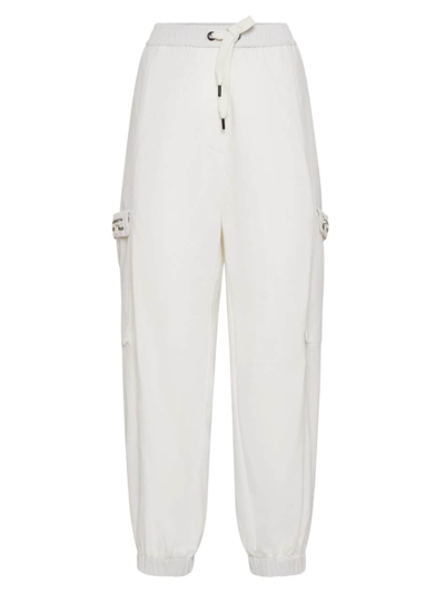 Shop Brunello Cucinelli Women's Stretch Cotton Lightweight French Terry Cargo Trousers With Shiny Pocket Trim In Chalk