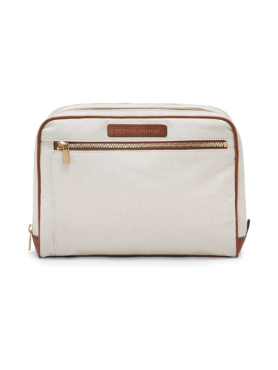 Shop Brunello Cucinelli Men's Cotton And Linen Cavalry And Calfskin Beauty Case In Natural
