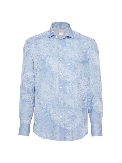 Shop Brunello Cucinelli Men's Palm Jacquard Slim Fit Shirt With Spread Collar In Sky Blue
