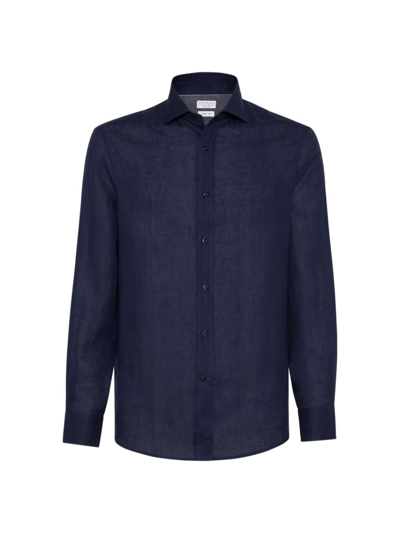 Shop Brunello Cucinelli Men's Linen Easy Fit Shirt With Spread Collar In Navy Blue