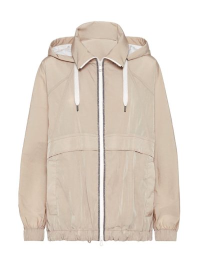 Shop Brunello Cucinelli Women's Wrinkled Cloth Hooded Outerwear With Precious Trims In Beige