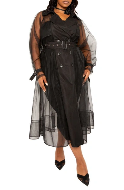 Shop Buxom Couture Belted Sheer Tulle Trench Coat In Black