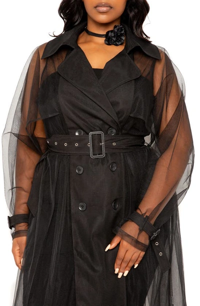 Shop Buxom Couture Belted Sheer Tulle Trench Coat In Black