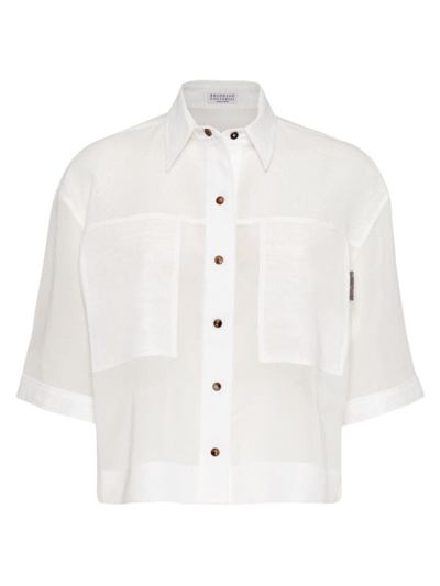 Shop Brunello Cucinelli Women's Cotton Organza Shirt With Shiny Tab In White