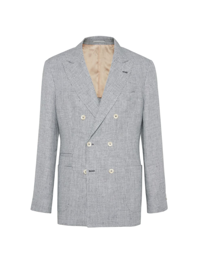 Shop Brunello Cucinelli Men's Linen Houndstooth One And A Half Breasted Deconstructed Blazer With Patch Pockets In Grey