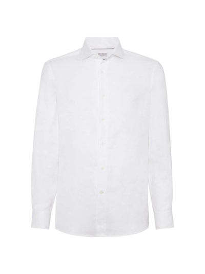 Shop Brunello Cucinelli Men's Palm Jacquard Linen And Cotton Easy Fit Shirt With Spread Collar In White