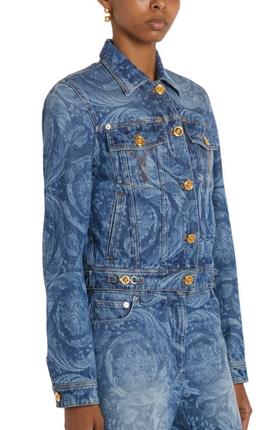 Shop Versace Barocco Stone Washed Denim Jacket In Medium Blue