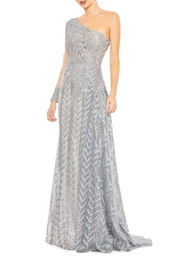 Shop Mac Duggal Women's Embellished Chevron One-shoulder Gown In Platinum