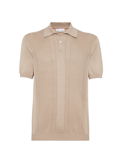 Shop Brunello Cucinelli Men's Cotton Textured Rib Knit Polo T-shirt In Light Brown