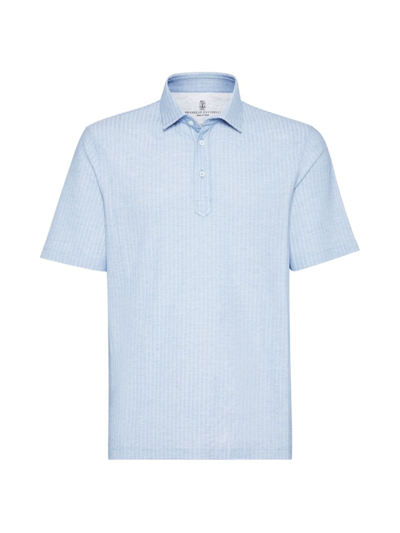 Shop Brunello Cucinelli Men's Textured Piqué Polo With Shirt Style Collar In Sky Blue