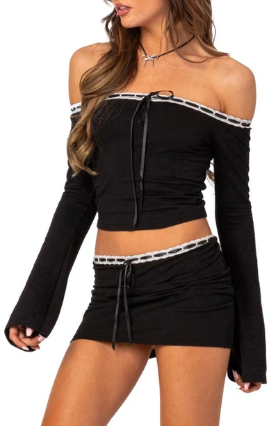 Edikted Seline Ribbon Trim Off The Shoulder Crop Top In Black