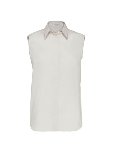 Shop Brunello Cucinelli Women's Stretch Cotton Poplin Sleeveless Shirt With Shiny Trim In Pearl