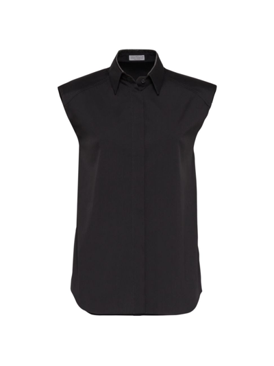 Shop Brunello Cucinelli Women's Stretch Cotton Poplin Sleeveless Shirt With Shiny Collar In Black